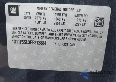 2015 Chevrolet Malibu 1Lz z USA, uszkodzony, nr VIN 1G11F5SL3FF312884